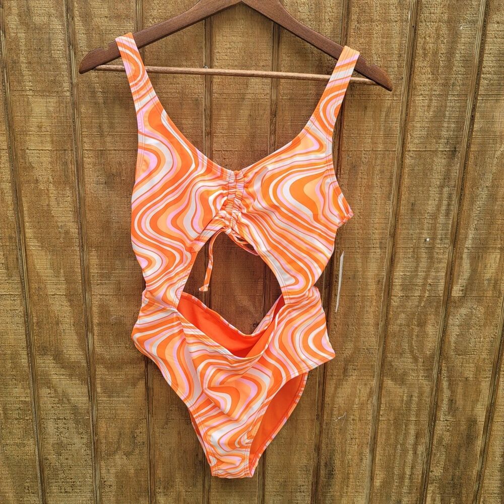 No Boundaries NWT Orange Wavy Cut Out Monokini Juniors L(11-13)
